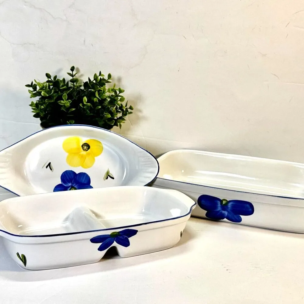 Hand Painted Portuguese Bakeware Floral Blue Yellow Divided Baker Oven To Table